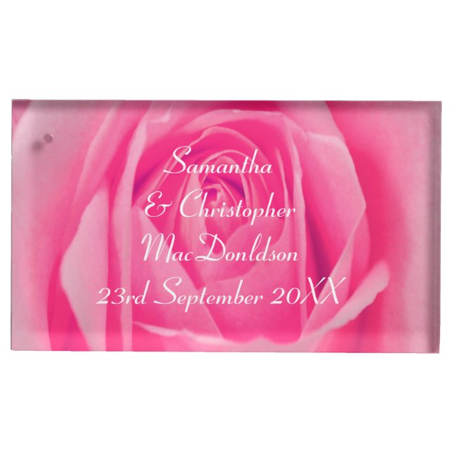 Bright pink rose flower country floral wedding place card holder (Front)