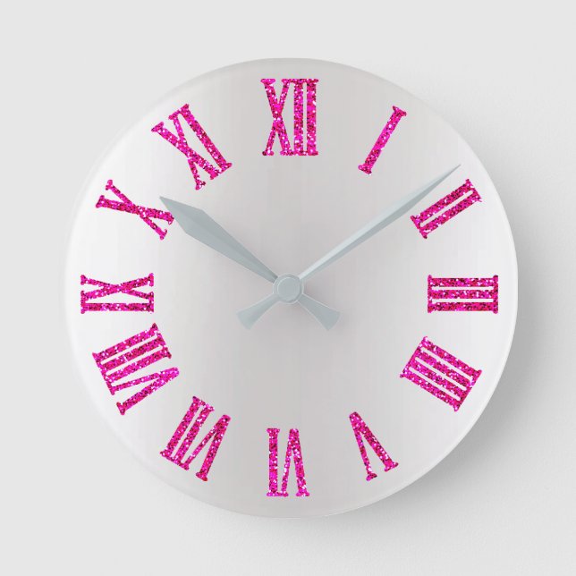 Bright Pink Rose Glitter Gray Silver Minimal Black Round Clock (Front)