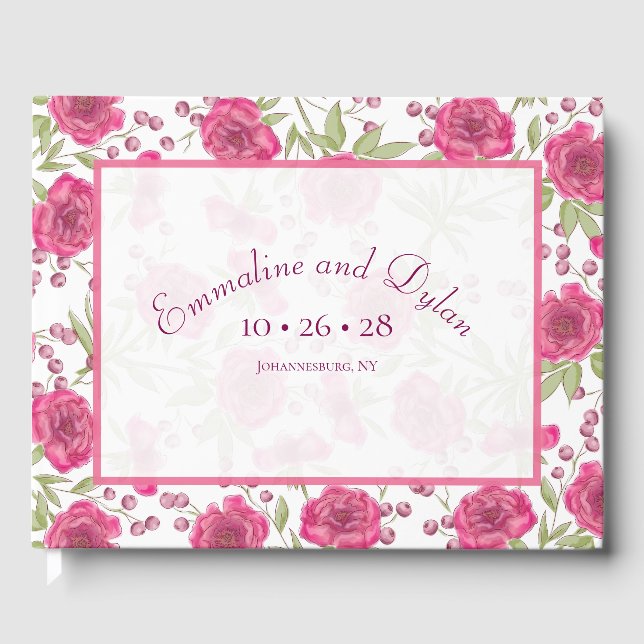 Bright Pink Rose Wedding Guest Book (Front)