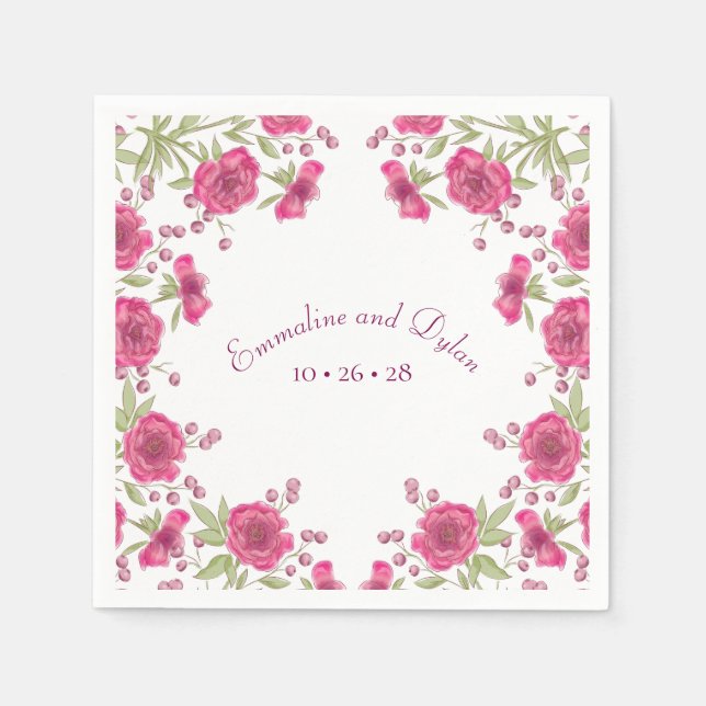 Bright Pink Rose Wedding Napkins (Front)