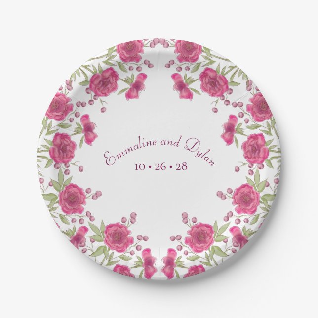 Bright Pink Rose Wedding Paper Plates (Front)