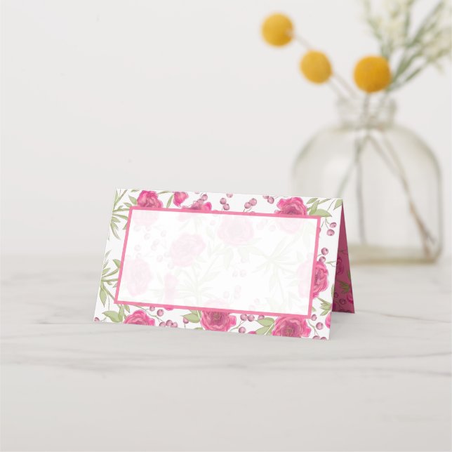 Bright Pink Rose Wedding Place Card (Front)