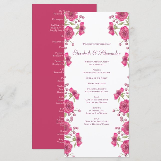 Bright Pink Rose Wedding Programs (Front/Back)