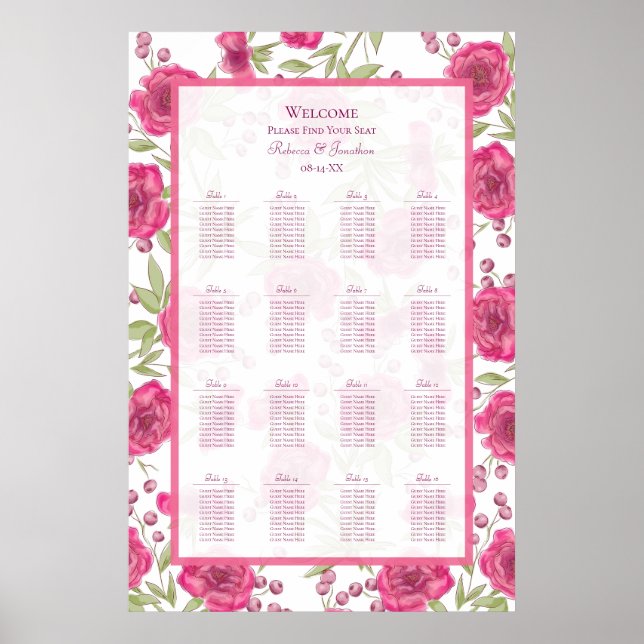 Bright Pink Rose Wedding Seating Chart (Front)