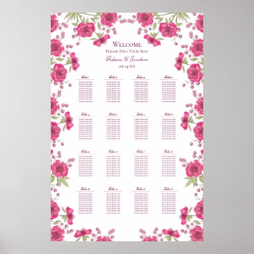 Bright Pink Rose Wedding Seating Chart