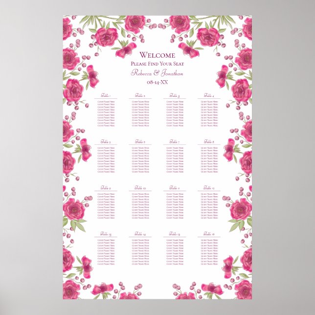 Bright Pink Rose Wedding Seating Chart (Front)