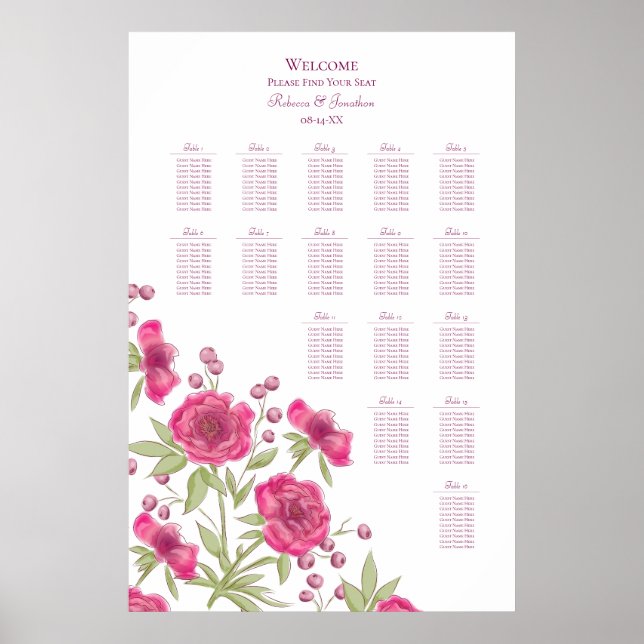 Bright Pink Rose Wedding Seating Chart (Front)