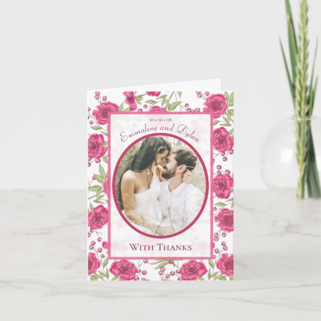Bright Pink Rose Wedding Thank You Cards Photo (Front)