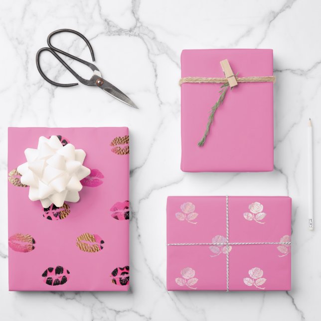 Bright Pink Roses and Leopard Lips Wrapping Paper Sheets (Front)