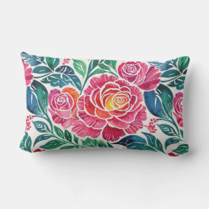 Bright Pink Roses and Teal Floral Lumbar Pillow