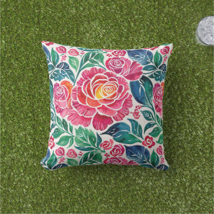Bright Pink Roses and Teal Floral Outdoor Pillow