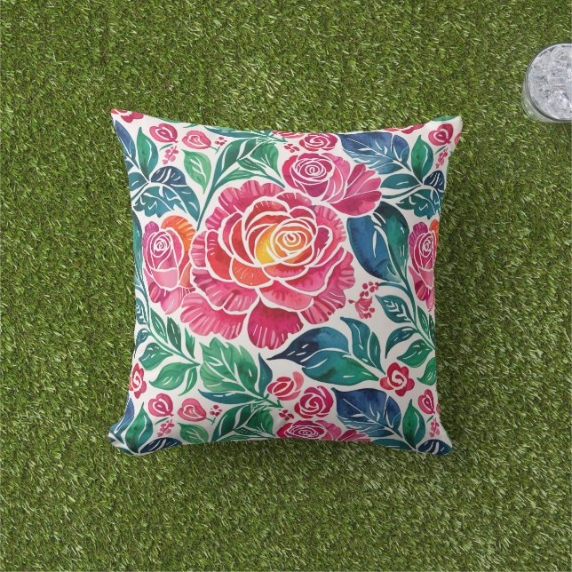 Bright Pink Roses and Teal Floral Outdoor Pillow (Grass)