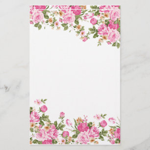 Bright Pink Roses and White Line Frame Stationery