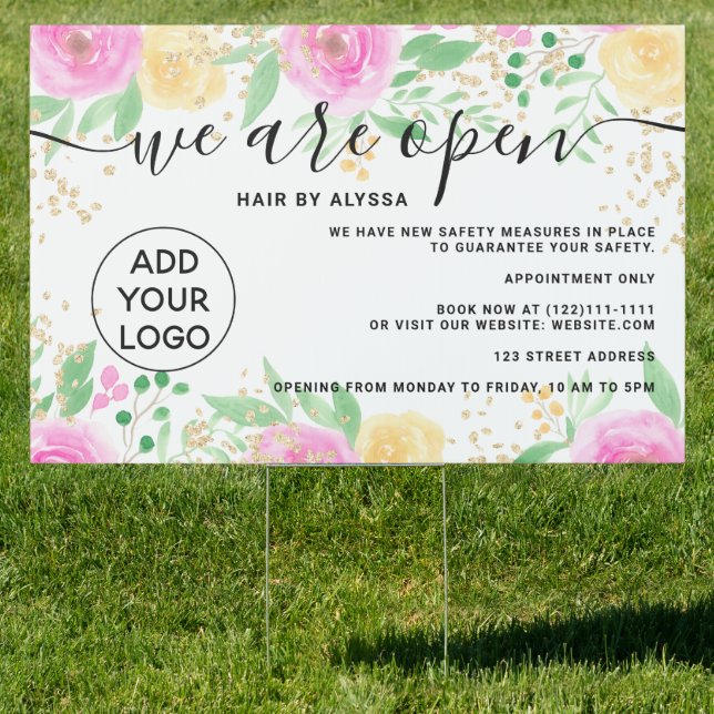 Bright pink roses floral gold glitter We're open Sign (Insitu)