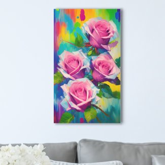 Bright Pink Roses Modern Digital Oil Painting Art