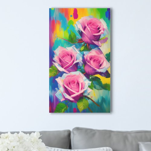 Bright Pink Roses Modern Digital Oil Painting Art Canvas Print