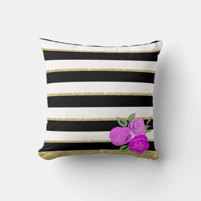 Bright Pink Roses on Black, White, Gold Cushion (Front)