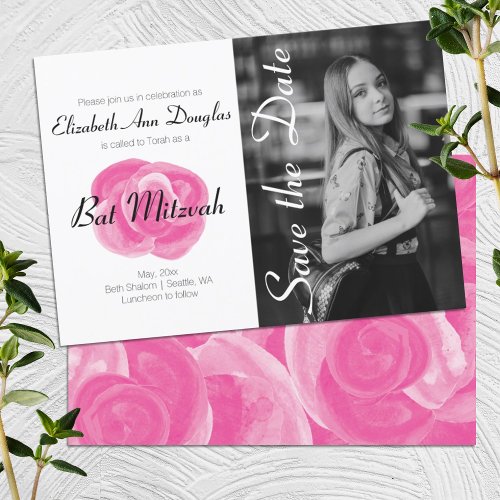 Bright Pink Roses Simple Bat Mitzvah Invitations