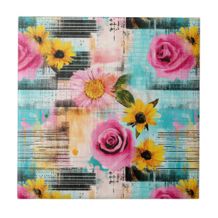 Bright Pink Roses & Sunflowers on Abstract Ceramic Tile