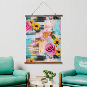 Bright Pink Roses & Sunflowers on Abstract Hanging Tapestry