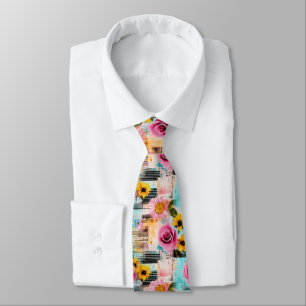 Bright Pink Roses & Sunflowers on Abstract Neck Tie