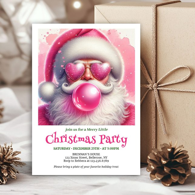 Bright pink santa bubble gum watercolor Xmas   Invitation (Bright pink santa bubble gum watercolor Xmas invite)