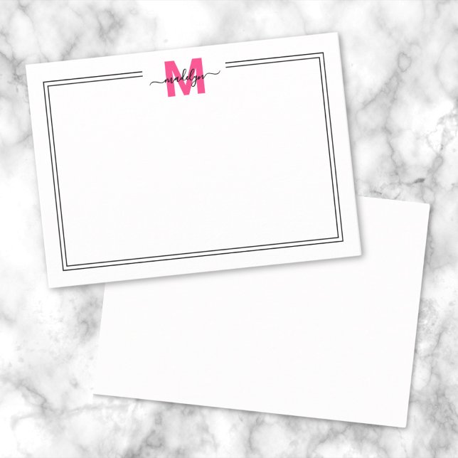 Bright Pink Script Name Monogram Note Card (Minimalist Pink Script Name Monogram Note Card)