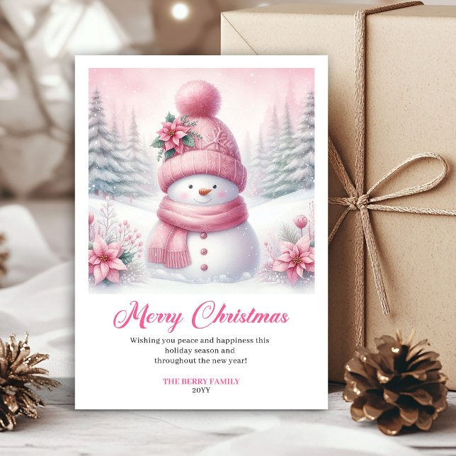 Bright pink snowman Christmas kids greeting card   (Bright pink snowman Christmas kids greeting card editable)