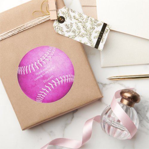 bright pink softball sports party thank you classic round sticker