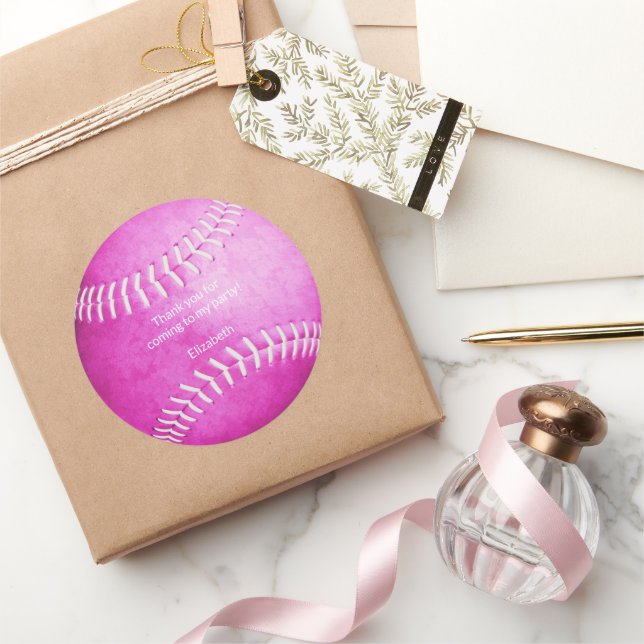 bright pink softball sports party thank you classic round sticker (Gifting)