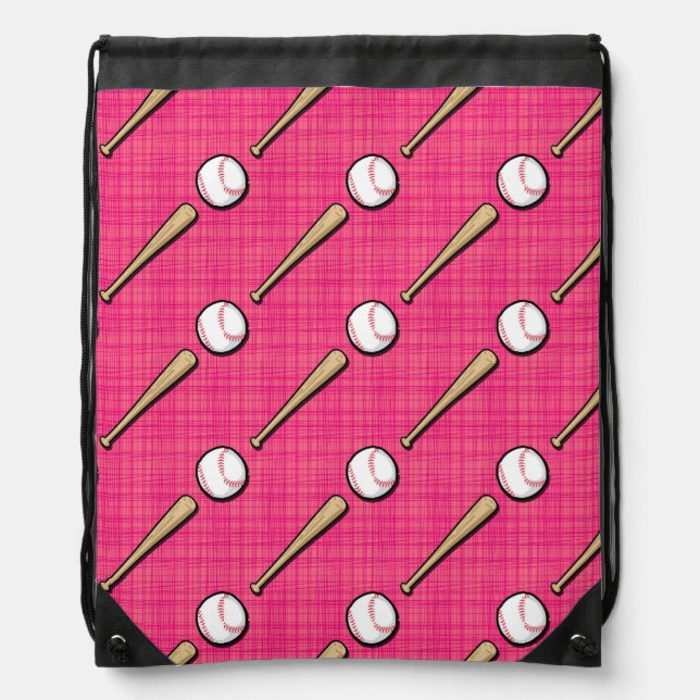 Bright Pink Softball Sports Pattern Drawstring Bag (Front)