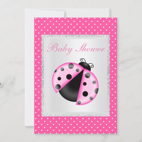 Bright pink spot pram ladybird baby shower invitation