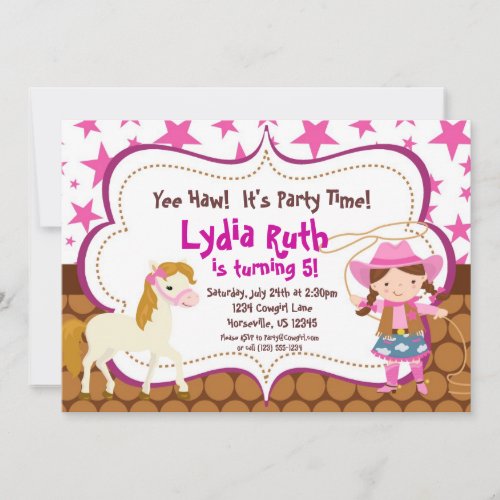 Bright Pink Star Cowgirl and Horse Birthday Party Personalized Invite