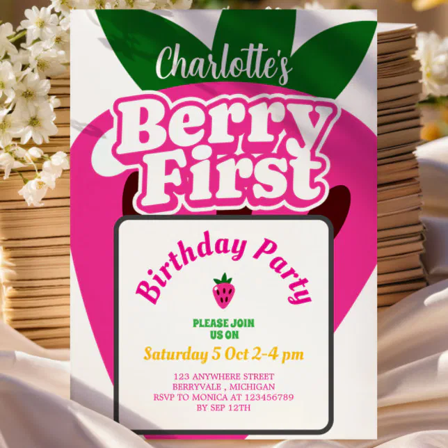 Bright Pink Strawberry Berry First Birthday Invitation | Zazzle