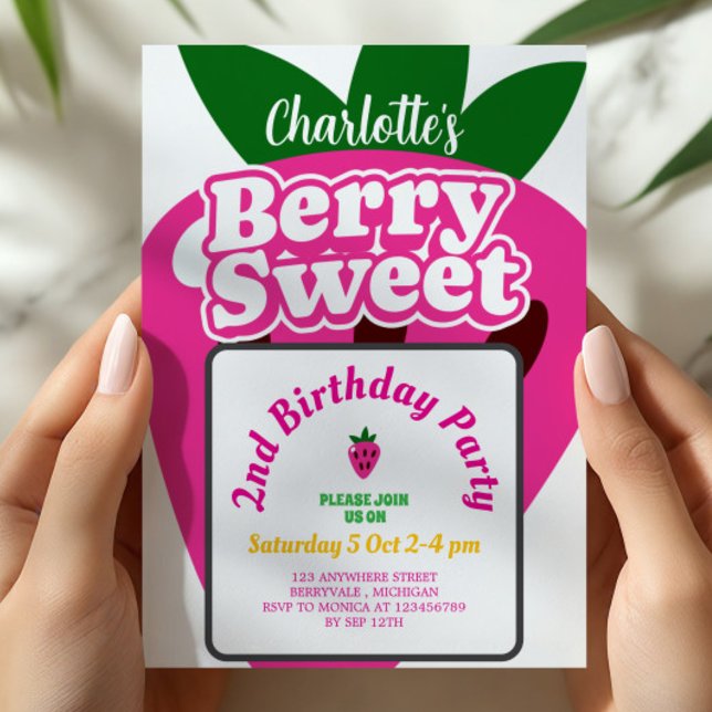 Bright Pink Strawberry Berry Sweet Birthday Invitation (Creator Uploaded)