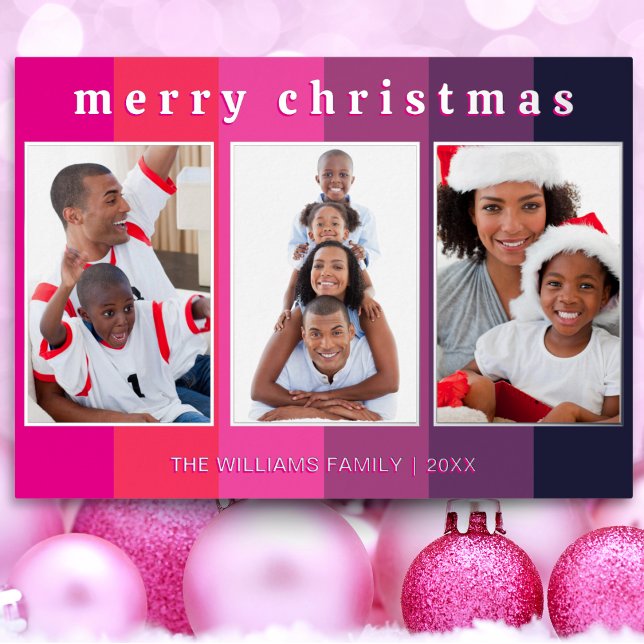 Bright Pink Stripe 3 Photo Gallery Merry Christmas Foil Holiday Card (A festive pink and purple Christmas card to personalize with 3 photos, your name(s) and the year)