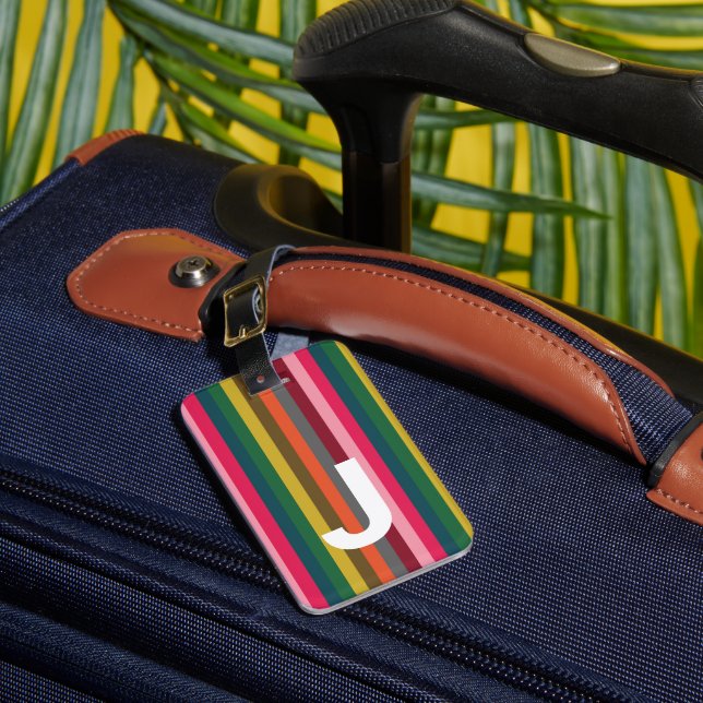Bright Pink Stripe Initial Luggage Tag (Front Insitu 1)