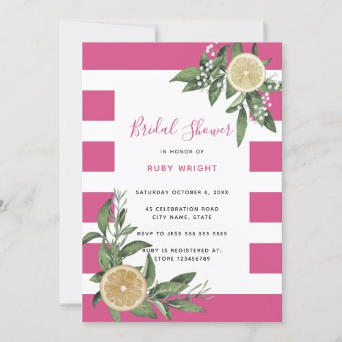 Bright Pink Stripe Lemon Citrus Bridal Shower Invitation