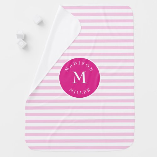 Bright Pink Striped Baby Blanket Name Initial