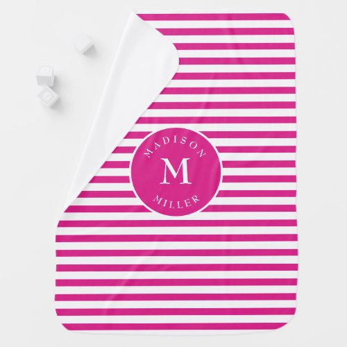 Bright Pink Striped Baby Blanket Name Initial