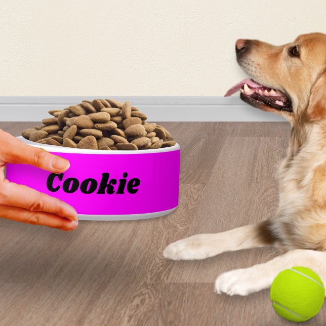 Bright Pink Stylish Modern Personalized Pet Dog Bowl (A bright pink dog bowl, personalized with the pet's name in modern black typography)