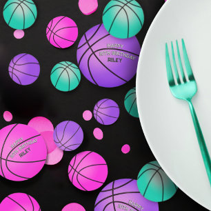 Bright Pink Teal Purple Basketball Happy Birthday Confetti