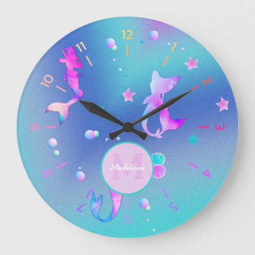 Bright Pink Teal Sea Ocean Shells Mermaid Monogram Large Clock
