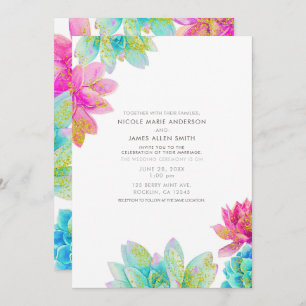Bright Pink Teal Summer Garden Succulents Wedding Invitation