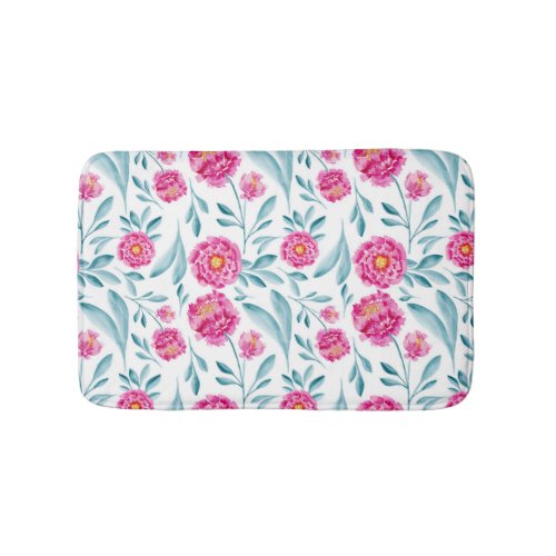 Bright Pink Teal Watercolor Summer Floral Pattern Bath Mat