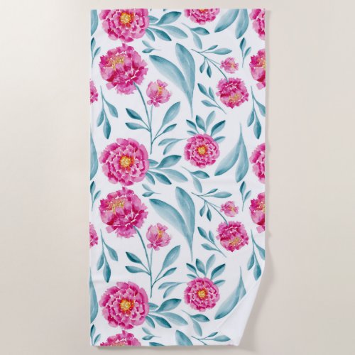 Bright Pink Teal Watercolor Summer Floral Pattern Beach Towel