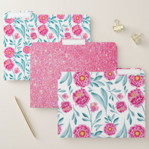 Bright Pink Teal Watercolor Summer Floral Pattern File Folder