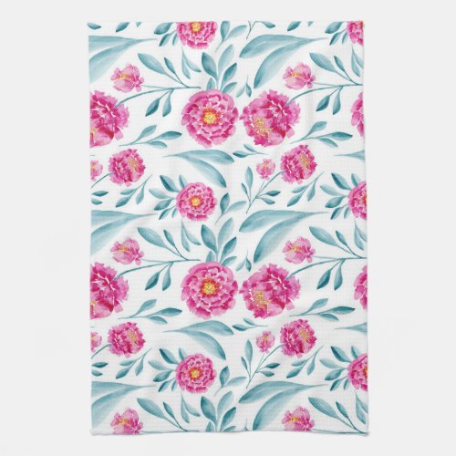 Bright Pink Teal Watercolor Summer Floral Pattern Kitchen Towel