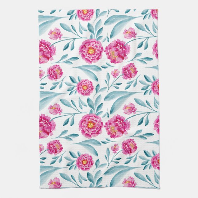Bright Pink Teal Watercolor Summer Floral Pattern Kitchen Towel (Vertical)