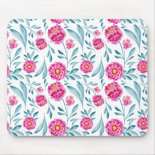 Bright Pink Teal Watercolor Summer Floral Pattern Mouse Pad